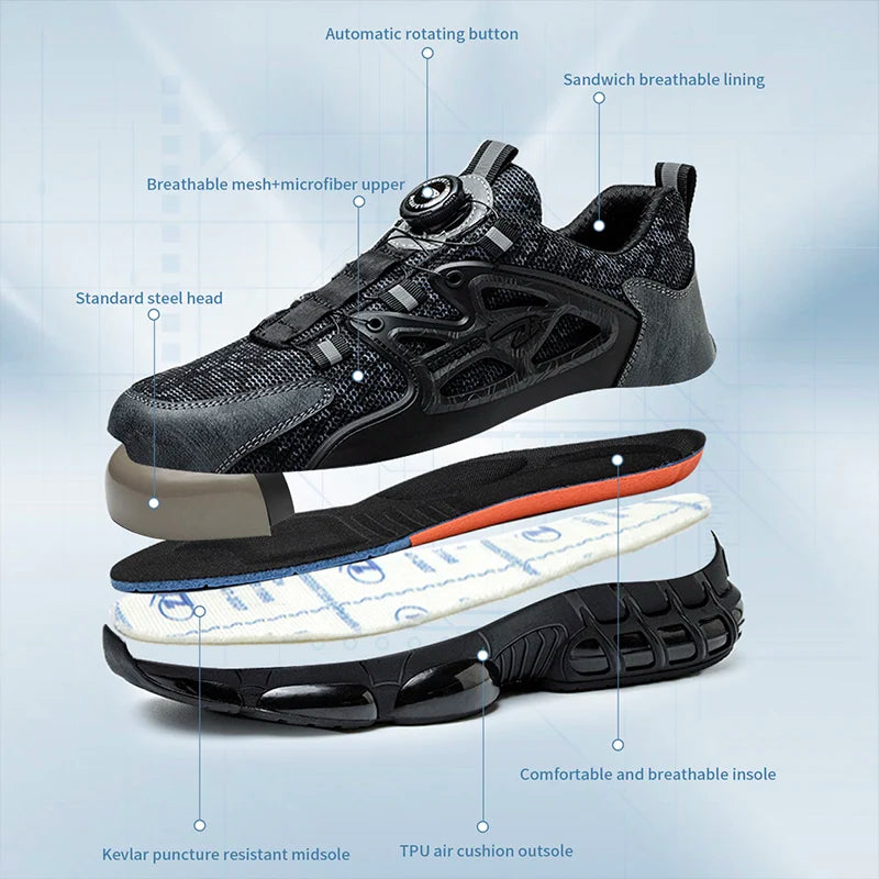 New Rotating Button Work Sneakers Safety Shoes Men Steel Toe Shoes