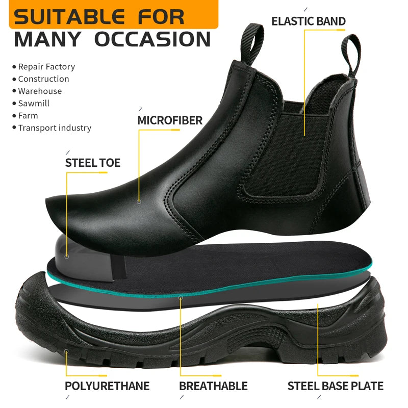 Leather Waterproof Safety Boots, Non-slip, Puncture-Proof Work Boots