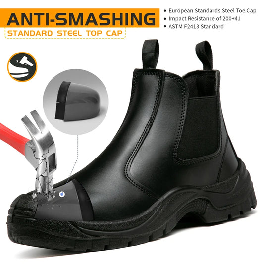 Leather Waterproof Safety Boots, Non-slip, Puncture-Proof Work Boots